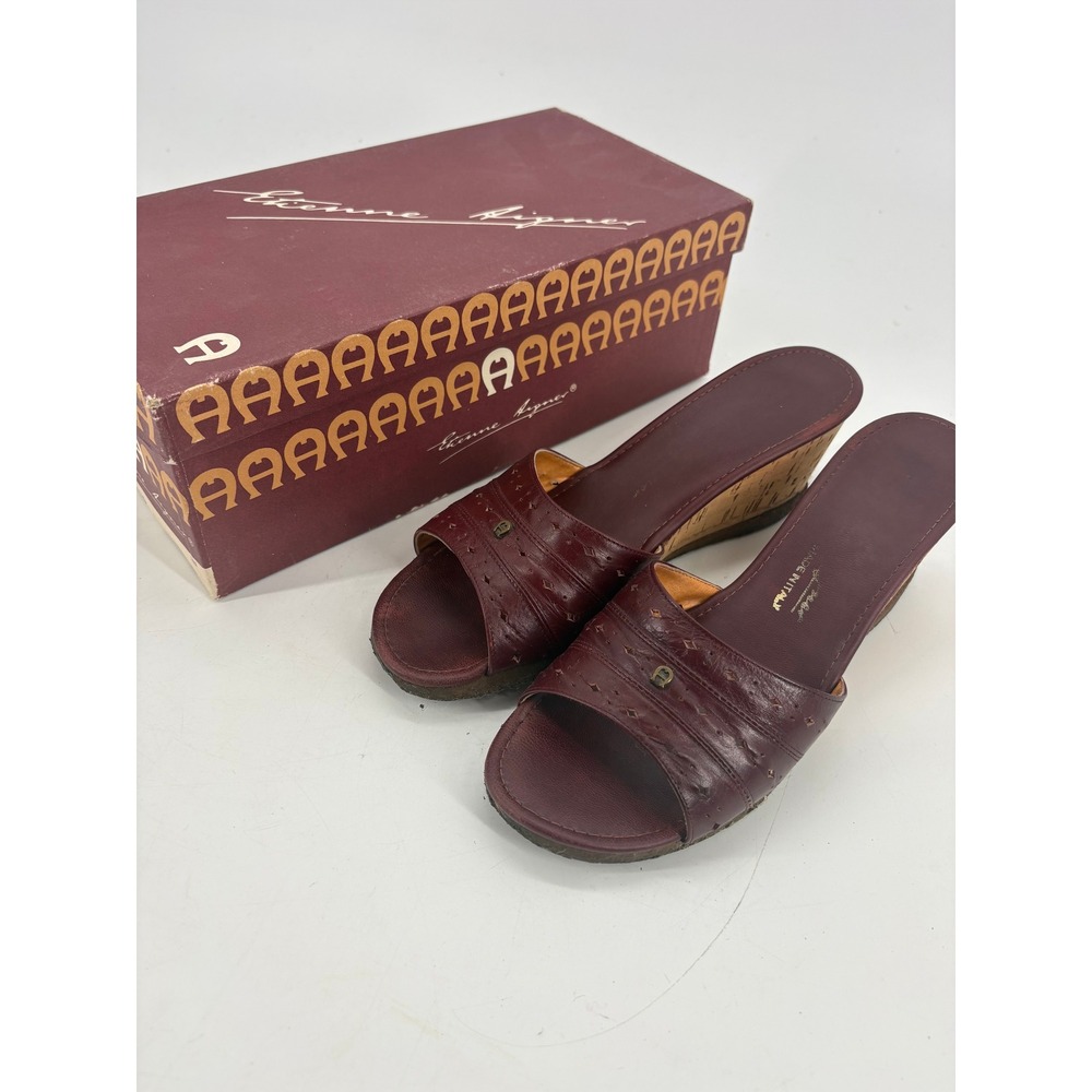 Etienne Aigner Wedge Sandals Womens Burgundy Leather Cork Slide Made in Italy